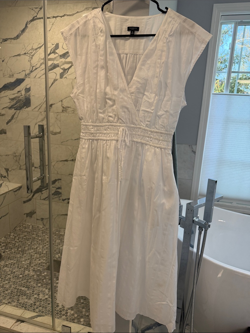 Talbots White V-Neck Smocked-Waist Midi a-line Dress, new